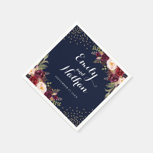 Bourgogne Goud Navy Confetti Bloemen Bruiloft Serv Servetten (Hoek)