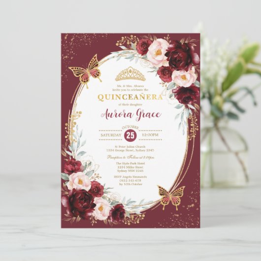 Bourgogne Goud Quinceañera Bloemen Vlinder Foto Kaart (Staand voorkant)