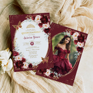 Bourgogne Goud Quinceañera Bloemen Vlinder Foto Kaart