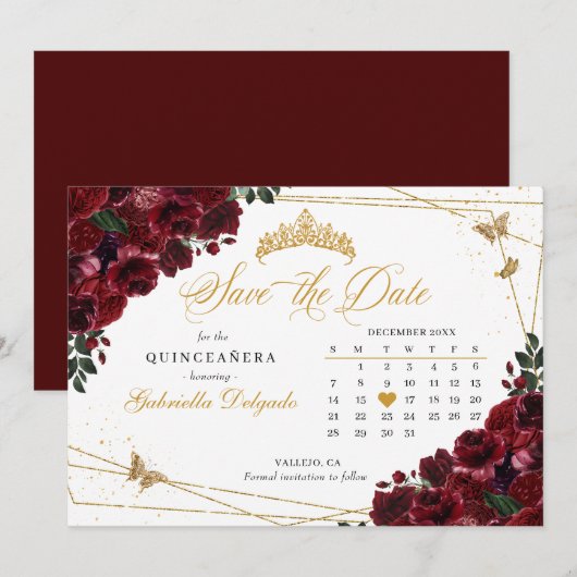 Bourgogne & Goud Quinceañera Save The Date Kaart (Voorkant / Achterkant)