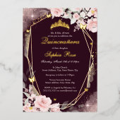 Bourgogne Goud Roze Vlinder Bloemen Quinceanera Folie Uitnodiging (Voorkant)