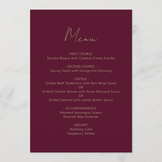 Bourgogne Goud Script Bruiloft Menu (Voorkant)