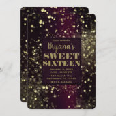 Bourgogne Goud Sparkling Lights Glam Sweet 16 Part Kaart (Voorkant / Achterkant)