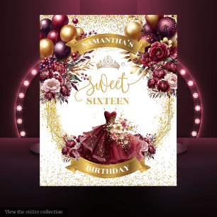 Bourgogne Goud Sweet 16 Banner met Glitter Ballon Wandkleed