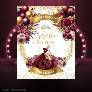 Bourgogne Goud Sweet Sixteen Banner Balloons Glitt Wandkleed