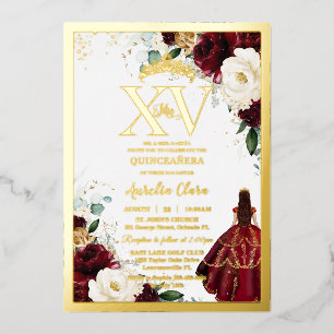 Bourgogne Goud Wit Bloemen Quinceañera Quince 15 Folie Uitnodiging
