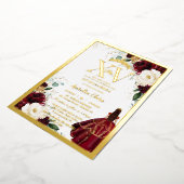Bourgogne Goud Wit Bloemen Quinceañera Quince 15 Folie Uitnodiging (Gedraaid)