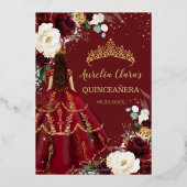 Bourgogne Goud Wit Bloemen Quinceañera Quince 15 Folie Uitnodiging (Achterkant)
