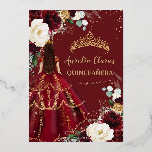 Bourgogne Goud Wit Bloemen Quinceañera Quince 15 Folie Uitnodiging (Achterkant)