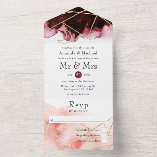 Bourgogne, goudbruin en blind Geometrisch huwelijk All In One Uitnodiging (Binnen)