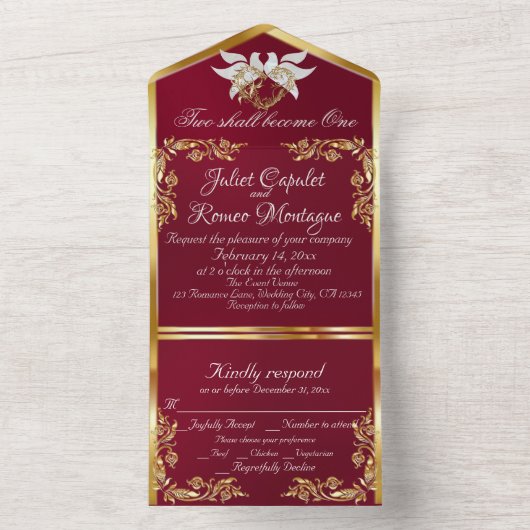 Bourgogne, Gouden bladeren, Duiven & Hart All In One Uitnodiging (Binnen)