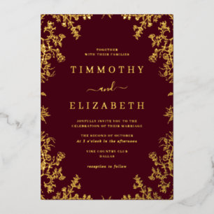 Bourgogne Gouden Bloem Elegante Huwelijk Folie Uitnodiging