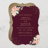 Bourgogne Gouden Bloemen Confetti Save The Date (Voorkant / Achterkant)
