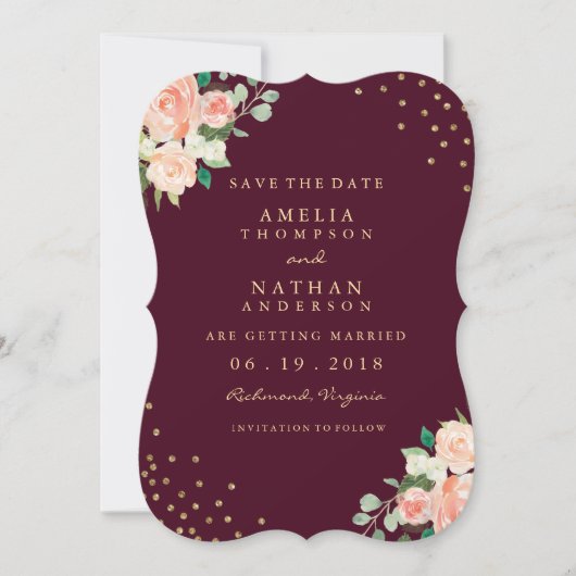 Bourgogne Gouden Bloemen Confetti Save The Date (Voorkant)
