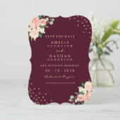 Bourgogne Gouden Bloemen Confetti Save The Date (Staand voorkant)