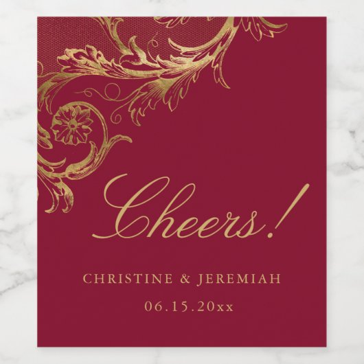  Bourgogne Gouden Bloemen Damask Cheers Wedding Wijn Etiket (Enkel label)