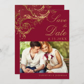  Bourgogne Gouden Bloemen Damask Fotobruiloft Save The Date (Voorkant / Achterkant)