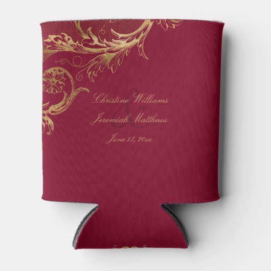  Bourgogne Gouden Bloemen Damask Script Wedding Blikjeskoeler (Voorkant)