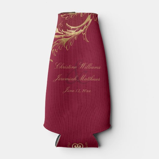 Bourgogne Gouden Bloemen Damask Script Wedding Flesjeskoeler (Voorkant)