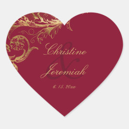  Bourgogne Gouden Bloemen Damask Script Wedding Hart Sticker