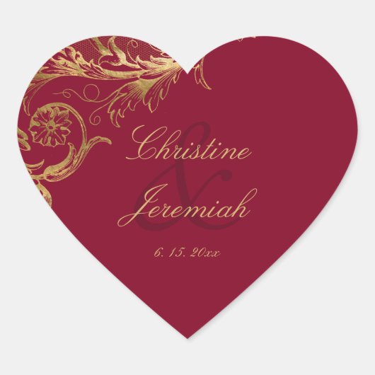 Bourgogne Gouden Bloemen Damask Script Wedding Hart Sticker (Voorkant)