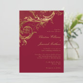 Bourgogne Gouden Bloemen Damask Script Wedding Kaart (Staand voorkant)
