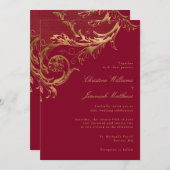 Bourgogne Gouden Bloemen Damask Script Wedding Kaart (Voorkant / Achterkant)