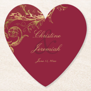  Bourgogne Gouden Bloemen Damask Script Wedding Kartonnen Onderzetters