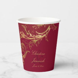  Bourgogne Gouden Bloemen Damask Script Wedding Papieren Bekers