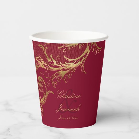  Bourgogne Gouden Bloemen Damask Script Wedding Papieren Bekers (Voorkant)
