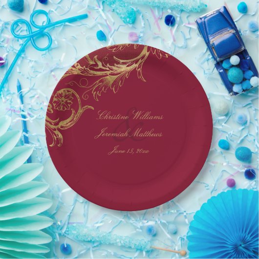 Bourgogne Gouden Bloemen Damask Script Wedding Papieren Bordje (Feest)