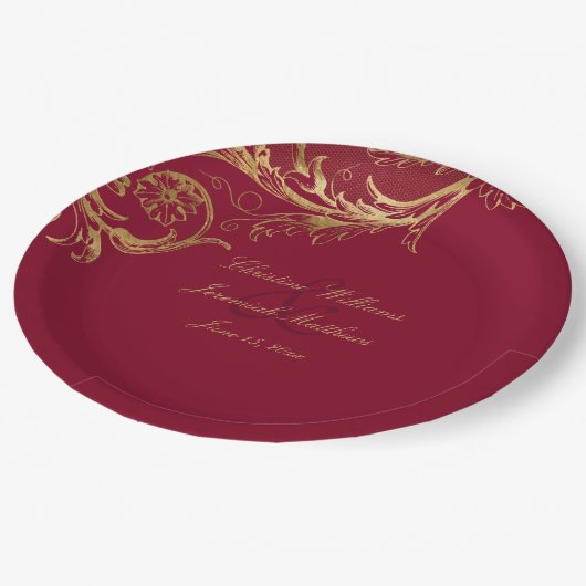  Bourgogne Gouden Bloemen Damask Script Wedding Papieren Bordje (Gekanteld)