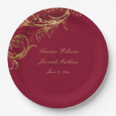  Bourgogne Gouden Bloemen Damask Script Wedding Papieren Bordje (Voorkant)