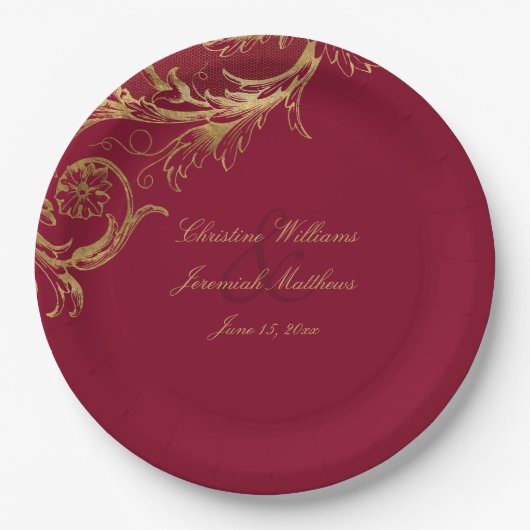 Bourgogne Gouden Bloemen Damask Script Wedding Papieren Bordje (Voorkant)