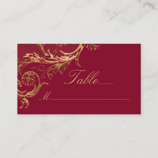 Bourgogne Gouden Bloemen Damask Script Wedding Plaatskaartje (Voorkant)