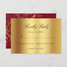  Bourgogne Gouden Bloemen Damask Script Wedding RSVP Kaartje