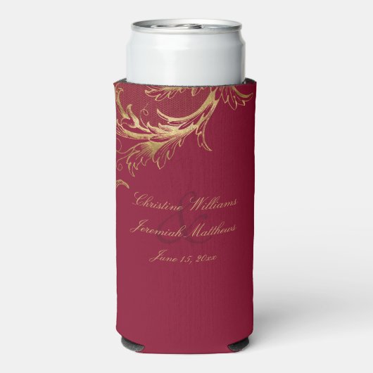  Bourgogne Gouden Bloemen Damask Script Wedding Seltzer Blikjeskoeler (Seltzer Achterkant)
