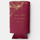 Bourgogne Gouden Bloemen Damask Script Wedding Seltzer Blikjeskoeler (Voorkant)
