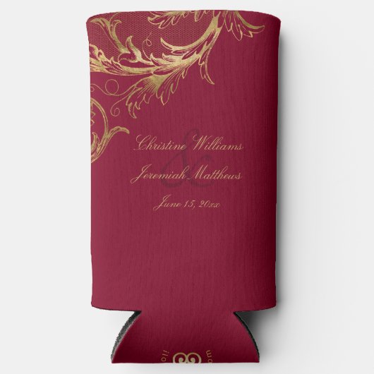  Bourgogne Gouden Bloemen Damask Script Wedding Seltzer Blikjeskoeler (Voorkant)