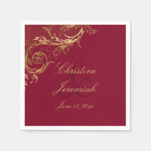  Bourgogne Gouden Bloemen Damask Script Wedding Servet