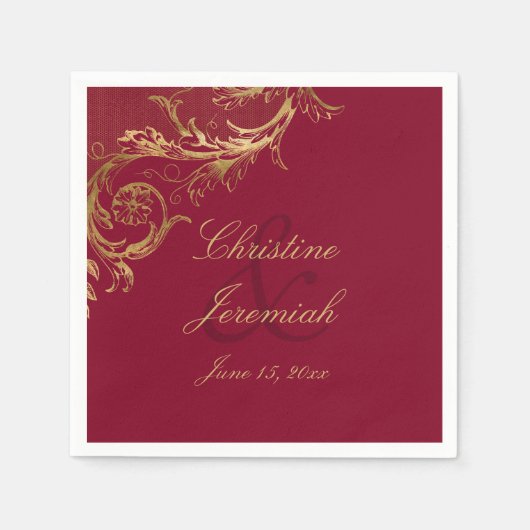 Bourgogne Gouden Bloemen Damask Script Wedding Servet (Voorkant)
