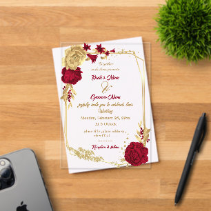 Bourgogne & gouden bloemen Elegante krans bruiloft Acryl Uitnodigingen