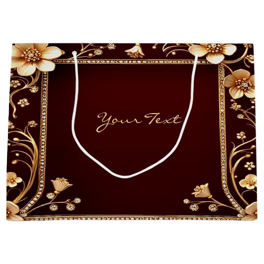 Bourgogne Gouden Bloemen Gift Bag Groot Cadeauzakje (Voorkant)