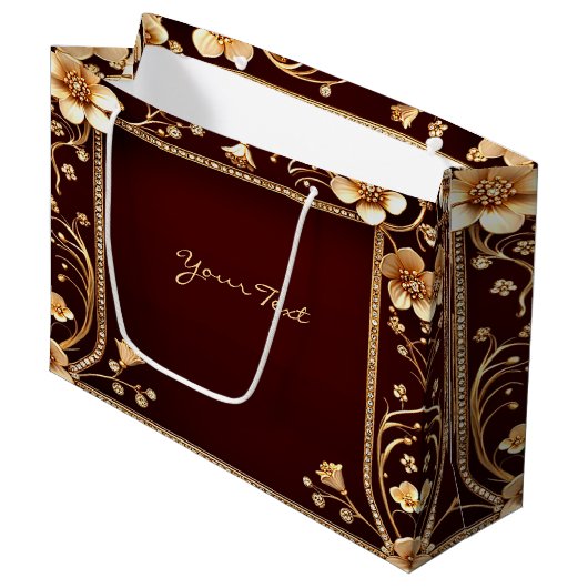 Bourgogne Gouden Bloemen Gift Bag Groot Cadeauzakje (Voorkant Gekanteld)