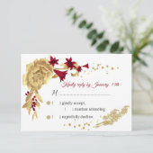 Bourgogne & Gouden bloemen & Gouden bladeren RSVP Kaartje (Staand voorkant)