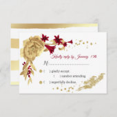 Bourgogne & Gouden bloemen & Gouden bladeren RSVP Kaartje (Voorkant / Achterkant)