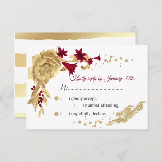 Bourgogne & Gouden bloemen & Gouden bladeren RSVP Kaartje (Voorkant / Achterkant)
