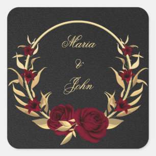 Bourgogne Gouden Bloemen Gouden Krans Zwart Vierkante Sticker