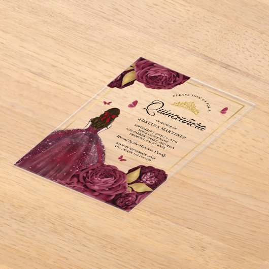 Bourgogne Gouden Bloemen Jurk Butterfly Quinceaner Acryl Uitnodigingen (Laagn)