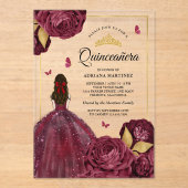 Bourgogne Gouden Bloemen Jurk Butterfly Quinceaner Acryl Uitnodigingen (Voorkant)